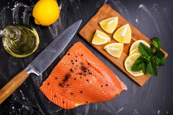 Fillet Red Fish Sauce Lemon Knife Top View — Stock Photo, Image