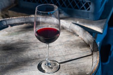 Kırsal bir varilde güneş ışığı altında kırmızı şarap.