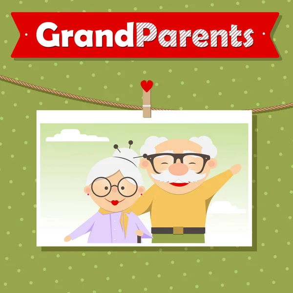 Selamat Hari Kakek-nenek. Foto kakek-nenek kartun yang lucu. Bingkai foto dengan tali . - Stok Vektor