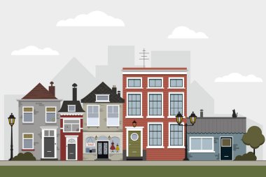 Retro sity. Düşük katlı evler, ticari, çeşitli mimari stilleri kamu binaları, şehir ışıkları ve yol illüstrasyon ile kaldırım ile Town sokak düz vektör. Vektör stok illüstrasyon, Eps10