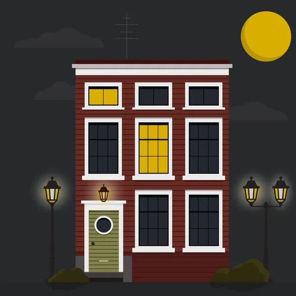 Retro-Haus bei Nacht mit Mond. flacher Vektor mit Flachhaus, Gebäude im Retro-Architekturstil, mit Stadtbeleuchtung. Vektor Stock Illustration, Eps10 — Stockvektor