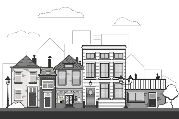 Retro sity. Town street flat vector with low-rise houses, commercial, public buildings in various architecture styles, sidewalk with city lights and road illustration. Vector stock illustration, EPS10 Stock Illustration