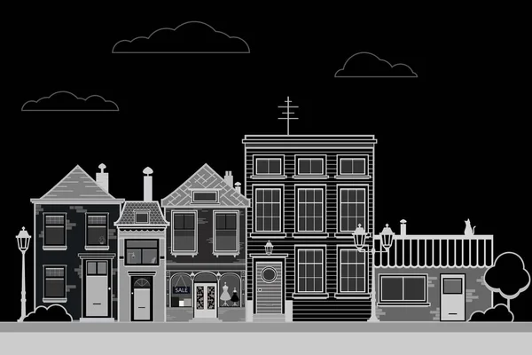 Retro sity. Town street flat vector with low-rise houses, commercial, public buildings in various architecture styles, sidewalk with city lights and road illustration. Vector stock illustration, EPS10 Stock Vector