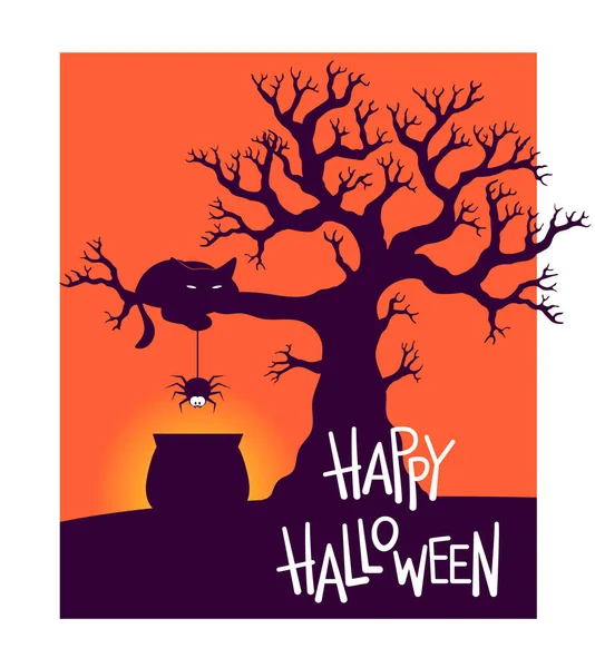 Happy Halloween background with cat and spider. Vector lettering. Holiday calligraphy with spider and web for banner, poster, greeting card, party invitation. Vector stock illustration, EPS 10. Royalty Free Stock Illustrations