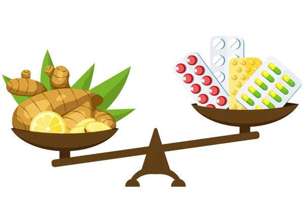 Medicinering vs naturläkemedel. Läkemedel, piller och läkemedel sirap. Honung, ingefära och citron. Vektor tecknad illustration isolerad på vitt. EPS 10. Stockvektor