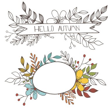 Çiçek sınırı, yaprak ve çiçeklerle dolu bir afiş. El çizme botanik vektör stok illüstrasyon, Eps 10.