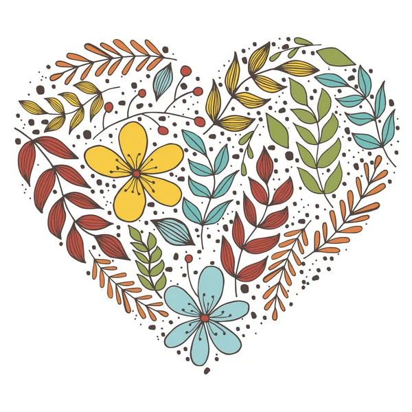 Floraler Rand in Herzform, Banner mit Blatt und Blumen. handgezeichnete botanische Vektordarstellung, Folge 10. — Stockvektor