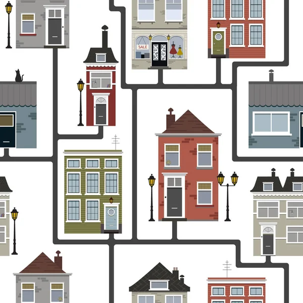 Retro sity seamless pattern. Town street flat vector with houses, commercial, public buildings . Vector stock illustration, EPS10 Royalty Free Stock Illustrations