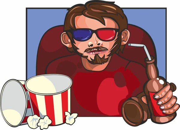 Ilustracja Młody Człowiek Okularach Piwem Popcorn Puste Pola Siedzi Kino — Wektor stockowy