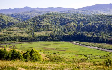 Karpat Milli Parkı Skolevski beskidy, Batı Ukrayna'nın Lviv bölgesi Striy Nehri üzerinde Sopit köyü yakınlarında bir kırsal manzara-Karpat Dağları