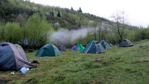 Tourist Tents Morning Carpathian Forest — Stock Video