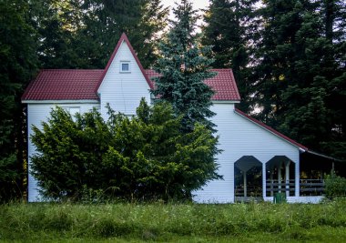 Ormanda kırmızı çatılı küçük beyaz bir ev.