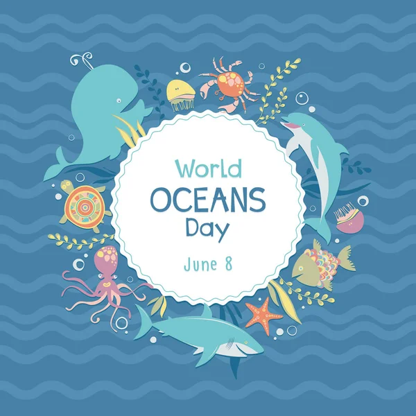 Día mundial de los océanos. Animales marinos. Ilustración vectorial . — Vector de stock