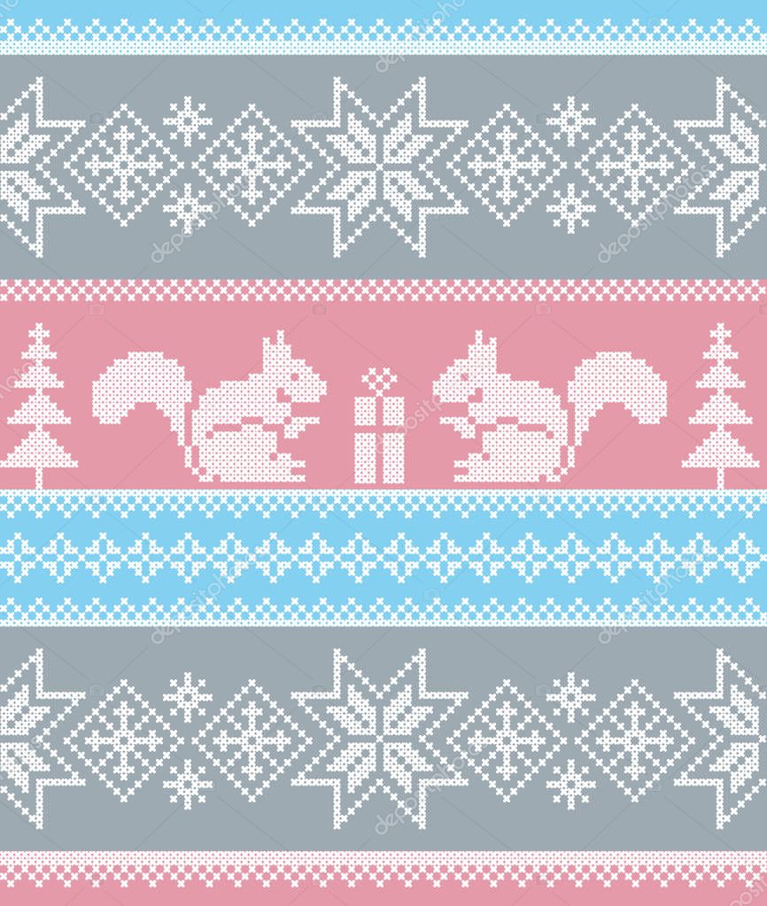 Winter ornament with squirrels. Vector seamless pattern.