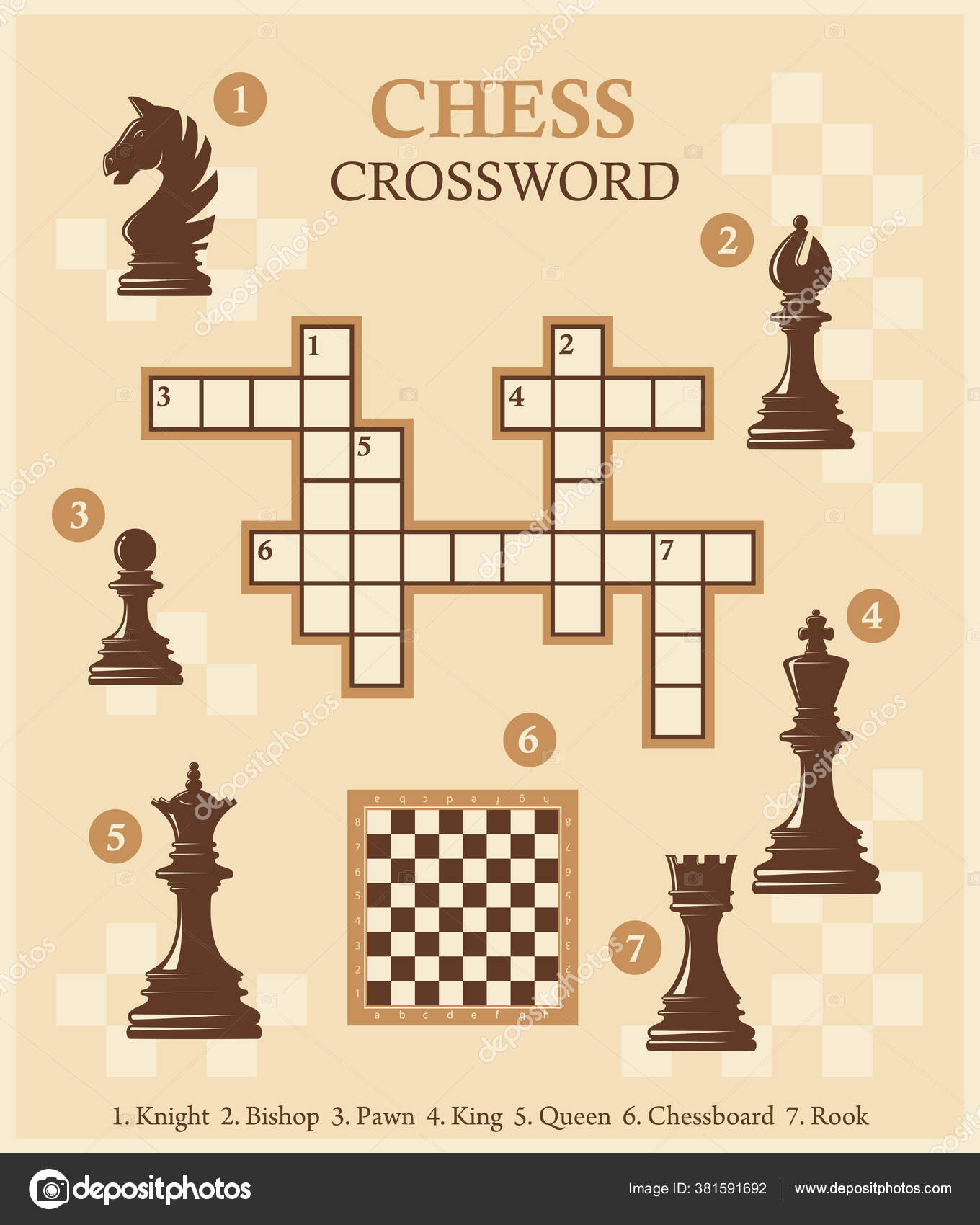 Chess crossword with pieces. Quiz. Vector illustration. Stock