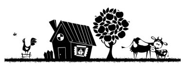 Kırsal alan. Buzağılı inek. Vektör illüstrasyonu.