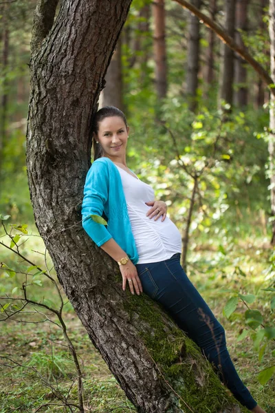 Schöne schwangere Frau im Wald — Stockfoto