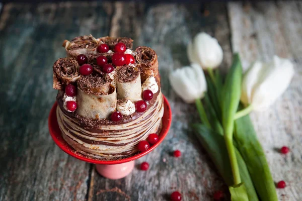 Tasty crepes cake with chocolate custard cream — Stock Photo, Image