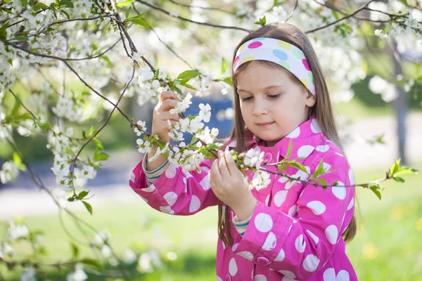 Niña linda en un floreciente jardín de cerezos. —  Fotos de Stock