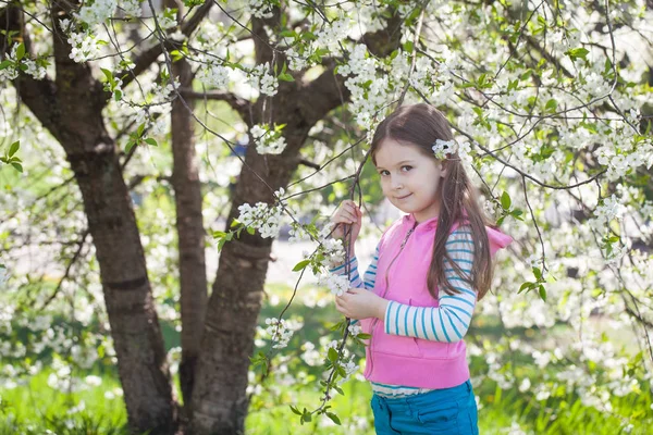 Cute girl w kwitnącym ogrodzie wiśni — Zdjęcie stockowe