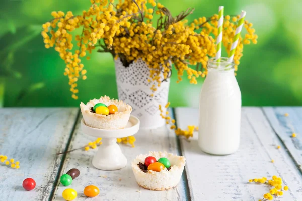 Nidi di cocco riempiti con uova di Pasqua — Foto Stock