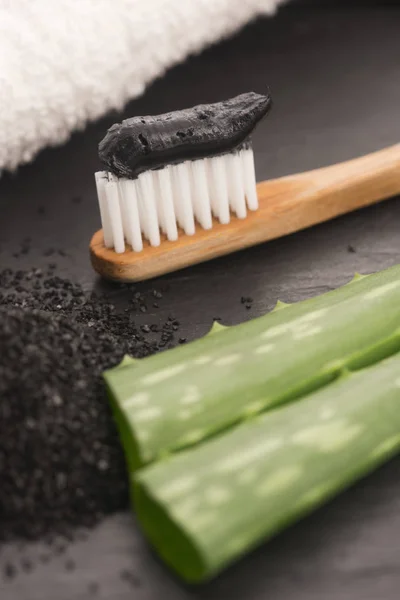 Toothbrush Black Charcoal Toothpaste Aloe Vera — Stock Photo, Image