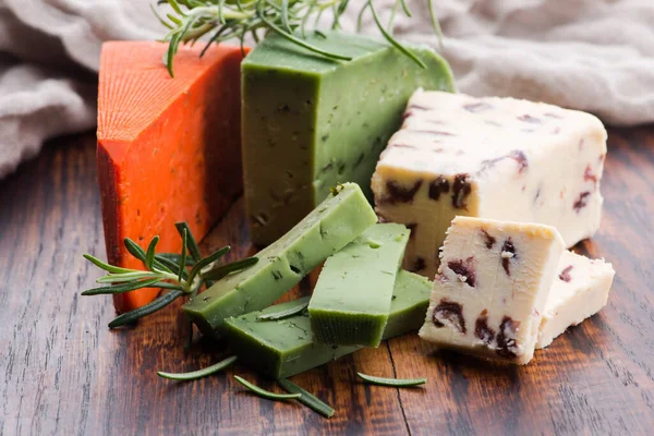 Different Types Cheese Cut Plate Rosemary — Stock Photo, Image