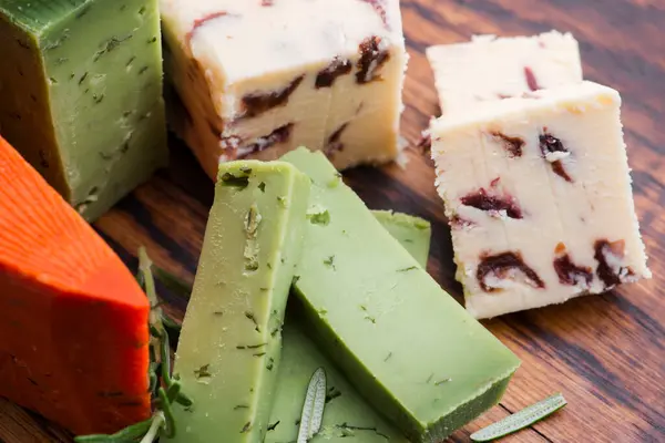 Different Types Cheese Cut Plate Rosemary — Stock Photo, Image