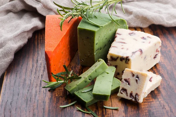 Different Types Cheese Cut Plate Rosemary — Stock Photo, Image
