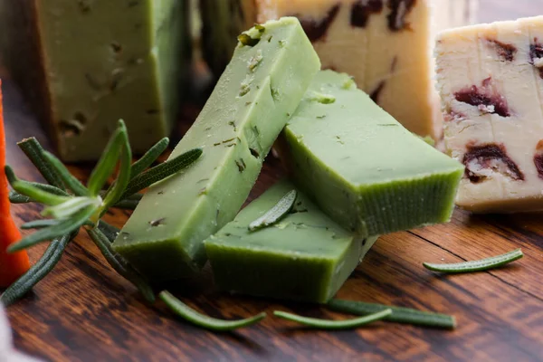 Different Types Cheese Cut Plate Rosemary — Stock Photo, Image