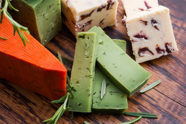 Different Types Cheese Cut Plate Rosemary — Stock Photo, Image