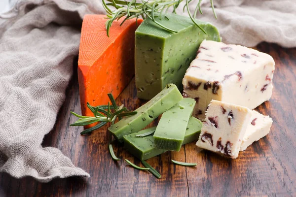 Different Types Cheese Cut Plate Rosemary — Stock Photo, Image