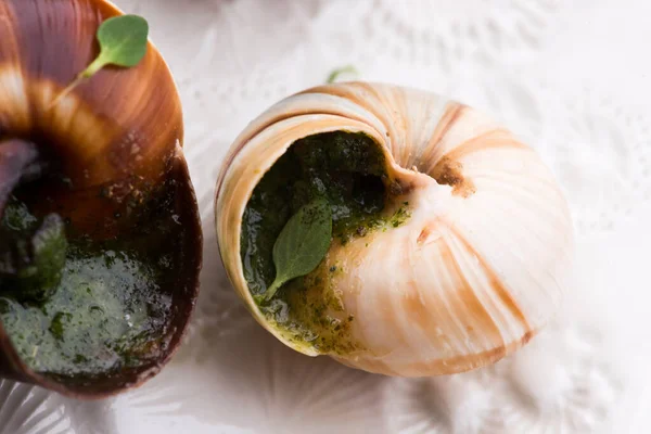Bandeja Escargot Delicioso Delicatessen Francês — Fotografia de Stock