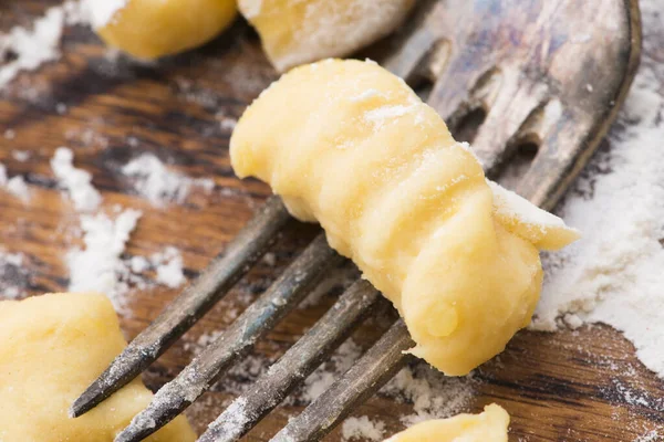 Uncooked Homemade Potato Gnocchi Fork — Stock Photo, Image