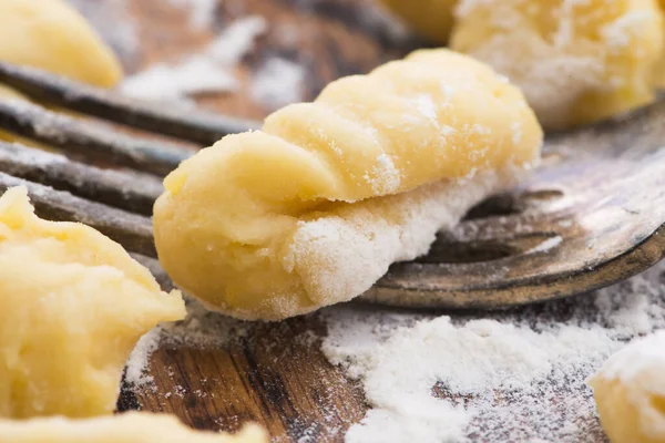 Uncooked Homemade Potato Gnocchi Fork — Stock Photo, Image