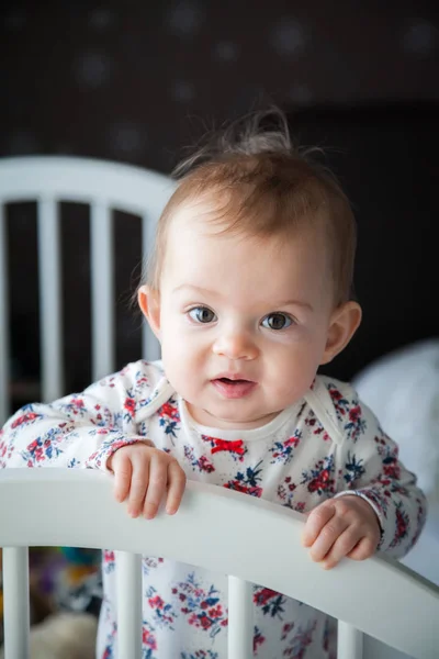Portrait Little Sweet Baby Girl Standing Her Bed — Stock Photo, Image