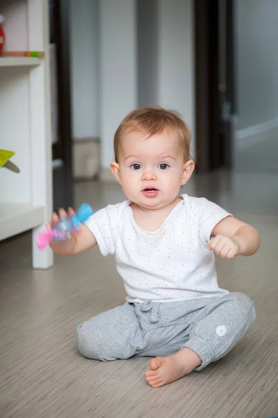 Engraçada Menina Agitando Chocalho — Fotografia de Stock