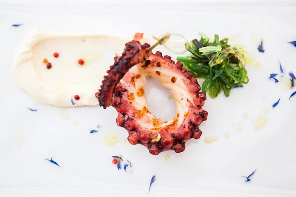 Upper View Grilled Octopus Tentacle Served Sauce Seaweed — Stock Photo, Image