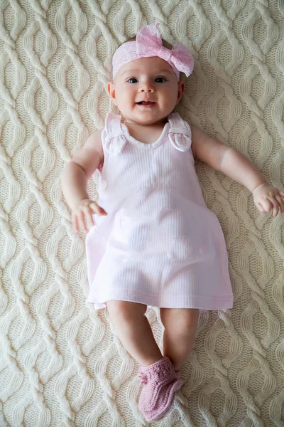 Smiling Adorable Baby Girl Pink Dress Booties Bow Her Head — Stock Photo, Image