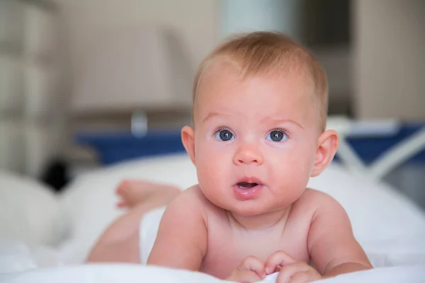 Little Cute Baby Girl Looking Lying Her Belly — Stock Photo, Image