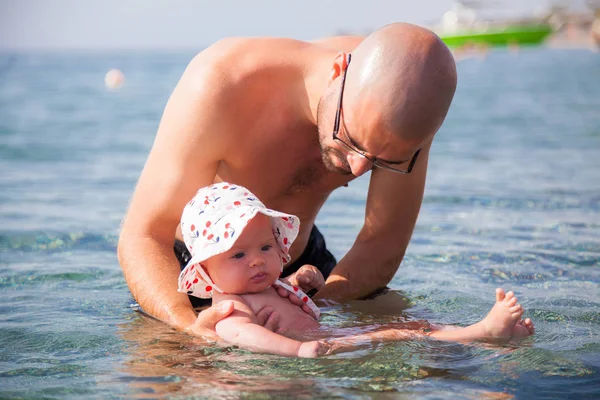 Father Holding His Little Newborn Baby Sea — Stock Photo, Image