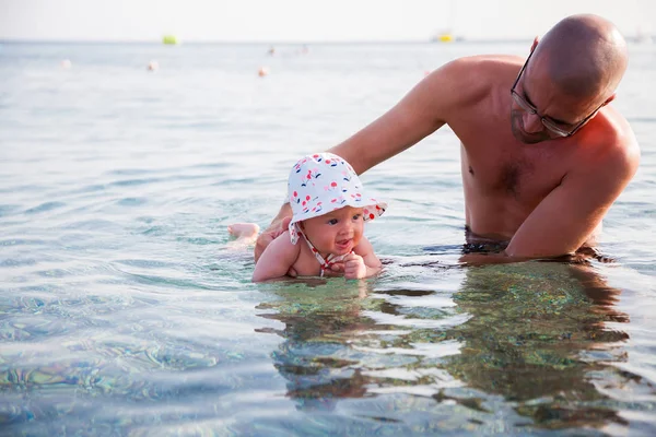 Father Teaching His Little Newborn Baby Swimming Sea — Stock Photo, Image