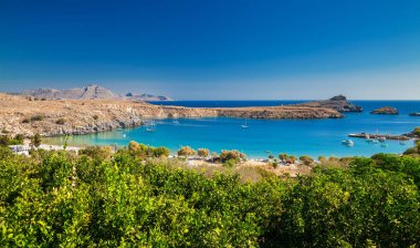 güzel manzara Lindos Bay, Rodos, Yunanistan