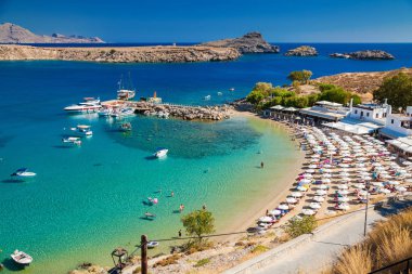 Lindos bay ve beach, Rodos, Yunanistan