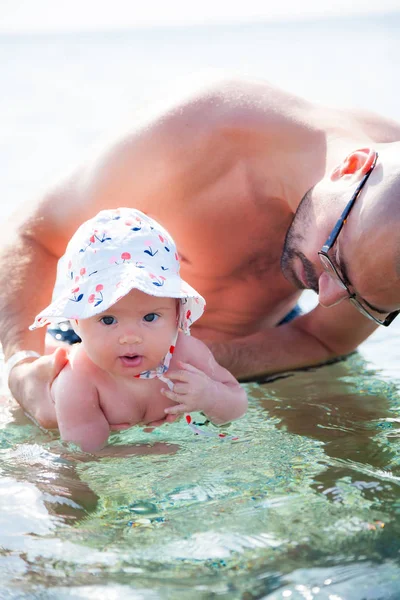 Little Baby Girl Enjoying Swimming Sea Her Father Hands — Stock Photo, Image