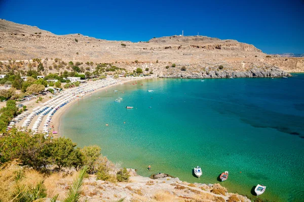 View Main Beach Lindos Rhodes Islands Greece — Stock Photo, Image