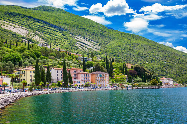 Beautiful sunny Torbole town waterfront, Garda lake,Trentino Alto Adige region, Italy
