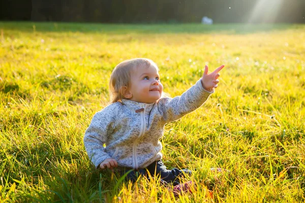 Маленька дівчинка сидить на траві — стокове фото