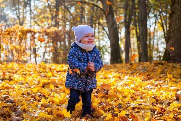 Leende Baby flicka leker med fallande löv — Stockfoto