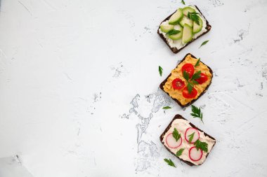 Süzme peynirli, humuslu, avokadolu, turplu, domatesli, fotokopi alanlı ve üst manzaralı lezzetli vejetaryen çavdar ekmeği tostları.